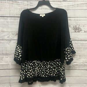 Umgee Black Blouse with White Patterned Accents
